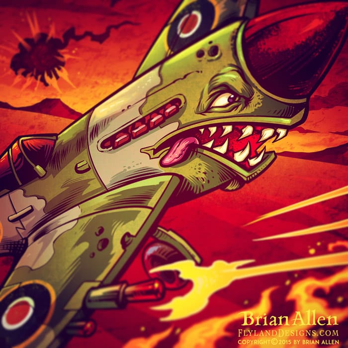 Russebuss logo of a military Spitfire plane in a dogfight with shark’s mouth