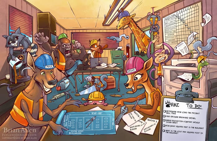 Detailed children’s book illustration of animals at a construction site.