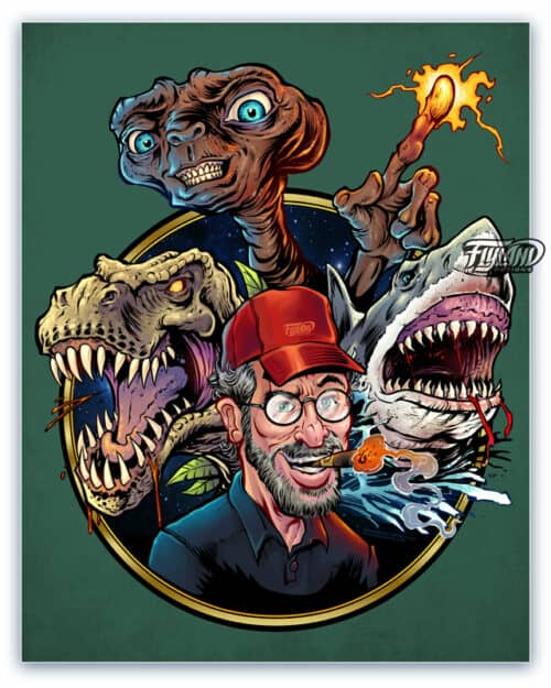 Full color tribute illustration of Spielberg’s famous movies.