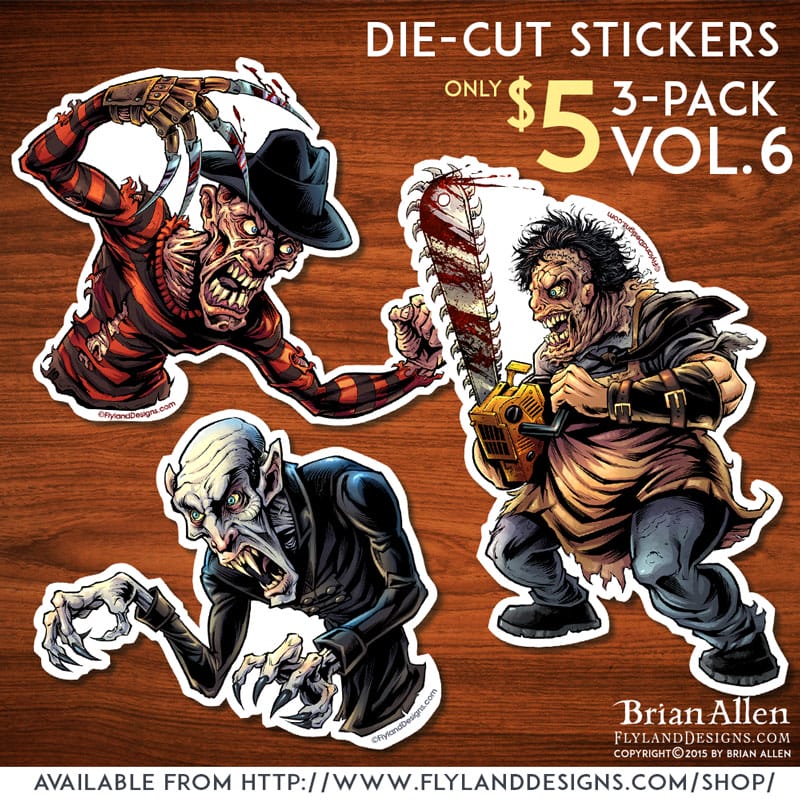 Die-cut sticker of horror movie monster Freddy, Leatherface, and Nosferatu