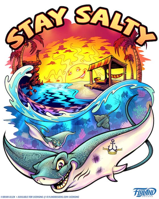 A stingray with an anchor tattoo swims in the ocean by the beach while the sun sets, illustration by Brian Allen