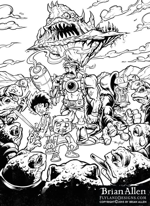 Sci-fi fantasy poster illustration with mutant frogs and strange heroes