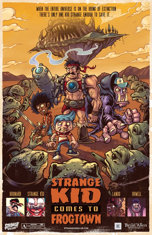 Sci-fi fantasy poster illustration with mutant frogs and strange heroes