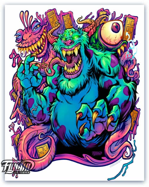 A full color illustartion of Sulley, Mike Wazowski, and Randall from Monsters Inc.