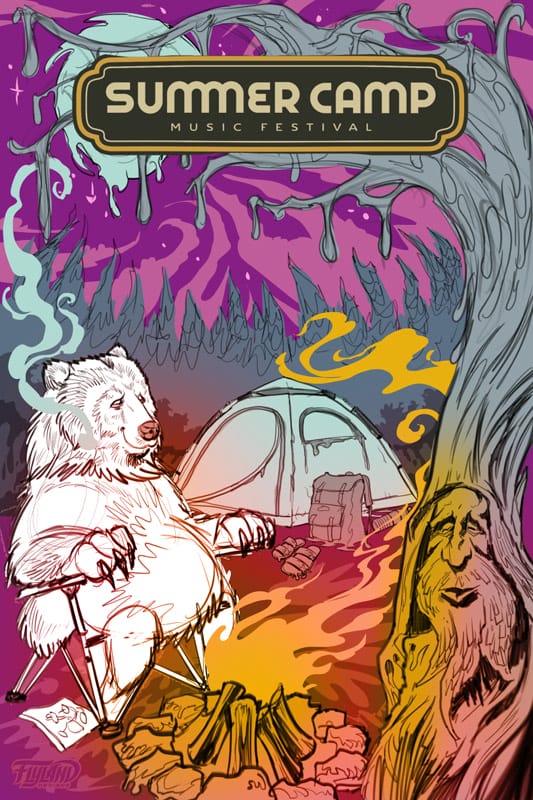 A brightly colored poster for the Waz Shop Summer Camp Festival 2021 featuring a camping bear enjoying a fire while smoking and enjoying the music from the large speakers with an old tree.