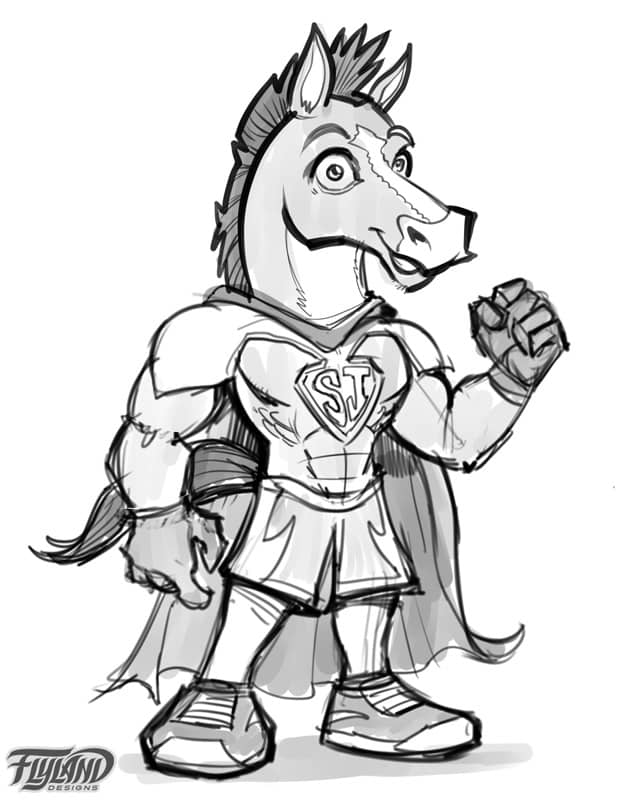 An illustration of a brown super hero horse character with a rainbow mane and a gold and blue outfit with a red heart on it. 