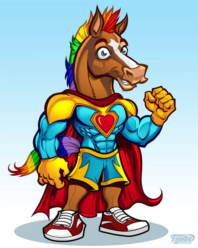 An illustration of a brown super hero horse character with a rainbow mane and a gold and blue outfit with a red heart on it. 