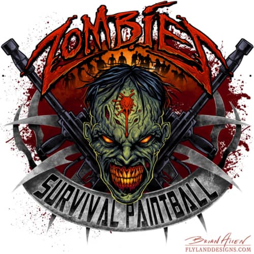 Logo design with a zombie head and paintball guns