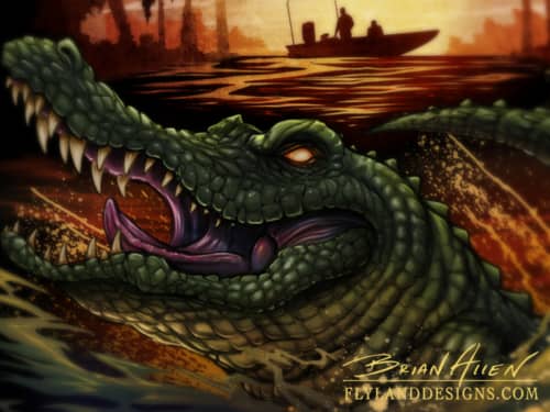 Illustration of an alligator jumping out of a swamp