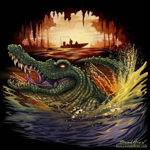 Illustration of an alligator jumping out of a swamp