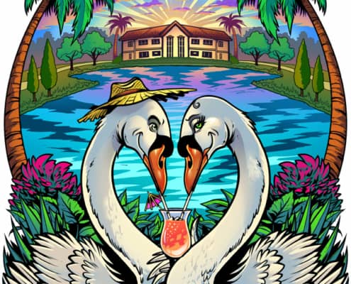 Shirt designs I created of the beach featuring alligators and swans for markets in Florida.