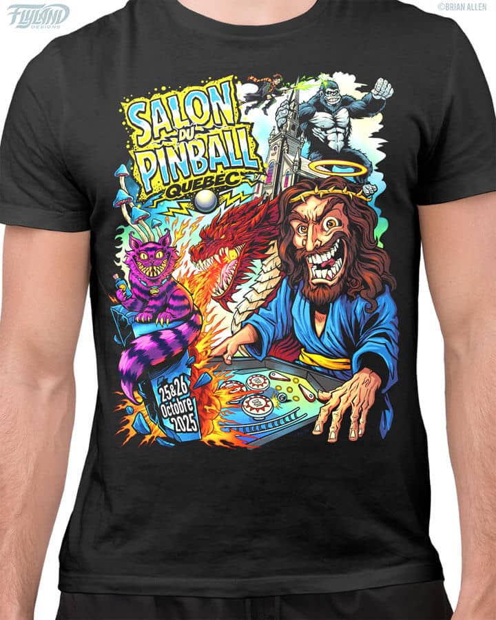 Poster artwork I designed for the Salon Du Pinball Quebec Poster 2025 of Jesus playing a pinball machine with a dragon, Cheshire Cat, King Kong, and Harry Potter