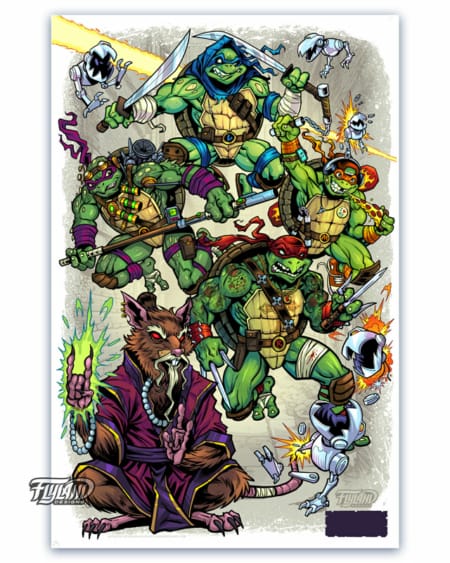 A full color illustration of the teenage mutant ninja turtles heroes.