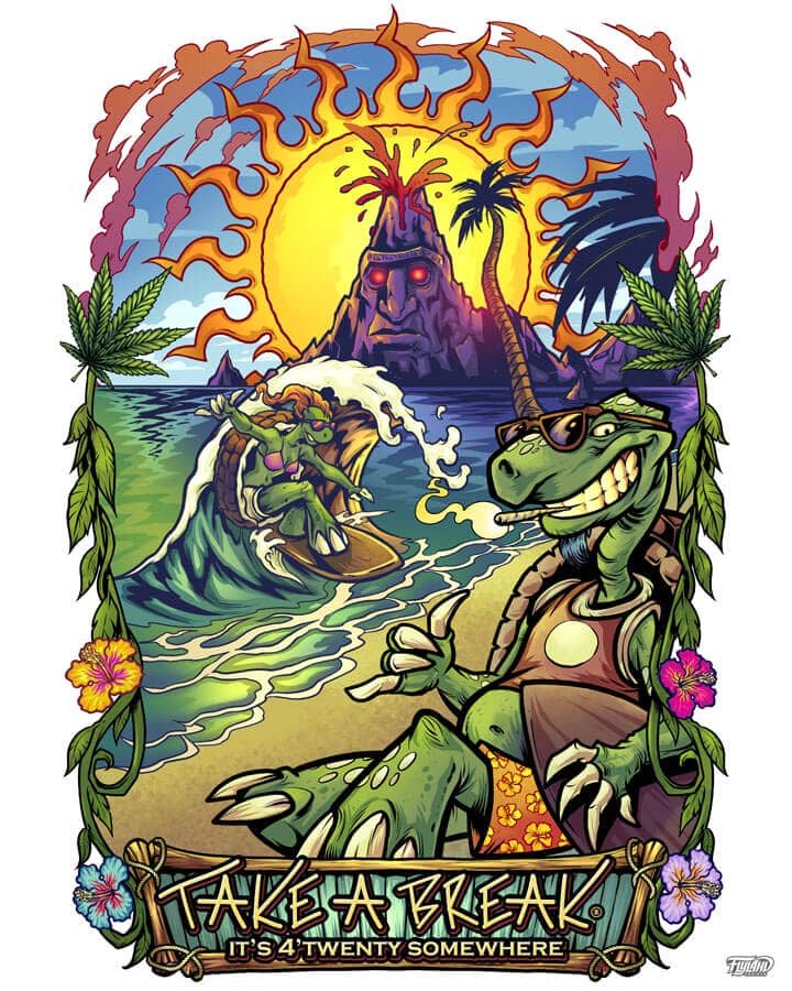 Tropical cannabis t-shirt design of a turtle relaxing on the beach while another turtle is surfing in the background, drawn by artist Brian Allen