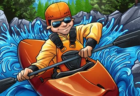 T-Shirt illustration of a young man kayaking in the mountains