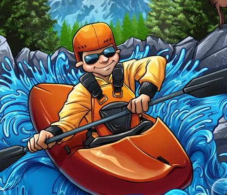 T-Shirt illustration of a young man kayaking in the mountains