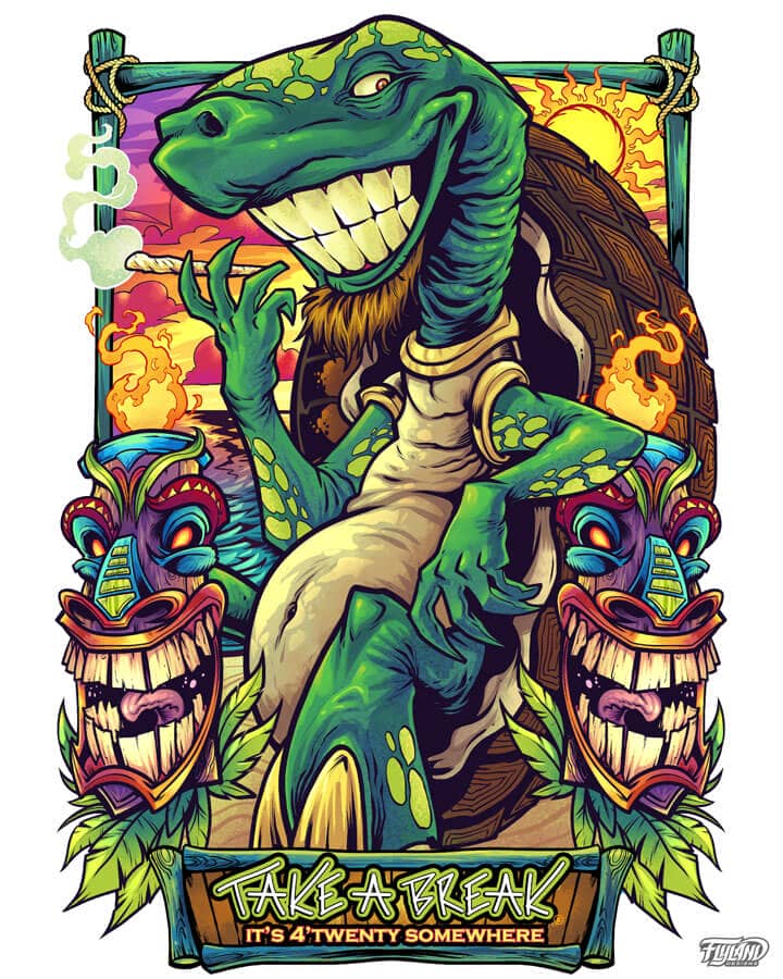 Tropical cannabis t-shirt design of 2 tiki heads and a turtle smoking and relaxing on the beach, drawn by artist Brian Allen
