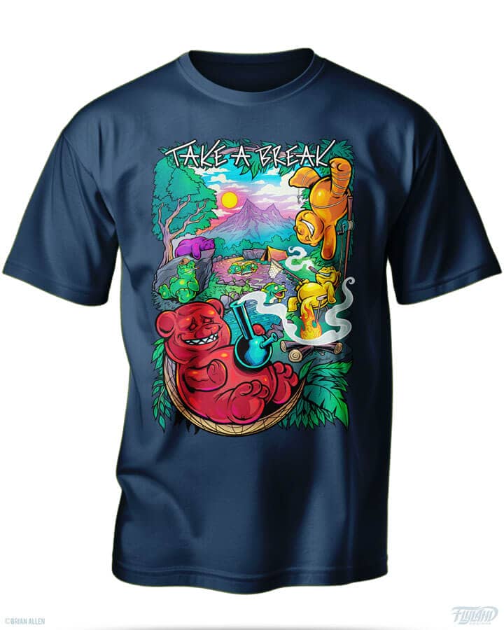 T-shirt design of colorful gummy bears relaxing in the forest, drawn by artist Brian Allen