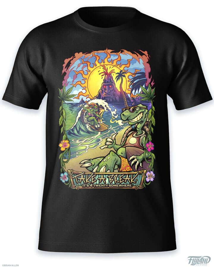 Tropical cannabis t-shirt design of a turtle relaxing on the beach while another turtle is surfing in the background, drawn by artist Brian Allen