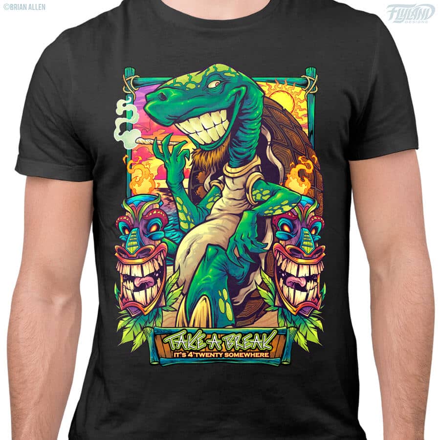 Tropical cannabis t-shirt design of 2 tiki heads and a turtle smoking and relaxing on the beach, drawn by artist Brian Allen