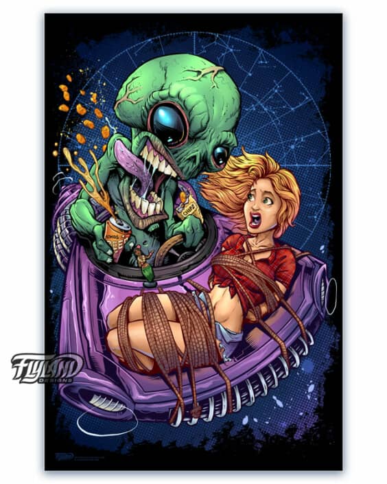 Illustration of an alien with an female earthling strapped to the hood of its spaceship.