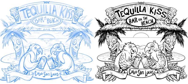 Custom Bar T-Shirt illustration of two parrots drinking beer on paradise island