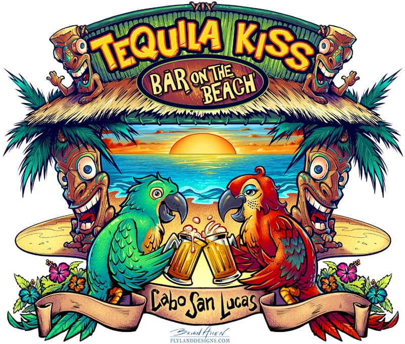 Custom Bar T-Shirt illustration of two parrots drinking beer on paradise island