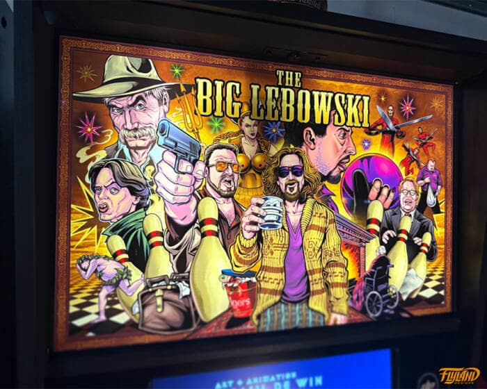 Alternate Pinball Backglass Tribute drawing of the characters from the Big Lebowski drawn in the style of Brian Allen, featuring the Dude, Walter, Donny, Jesus, and more
