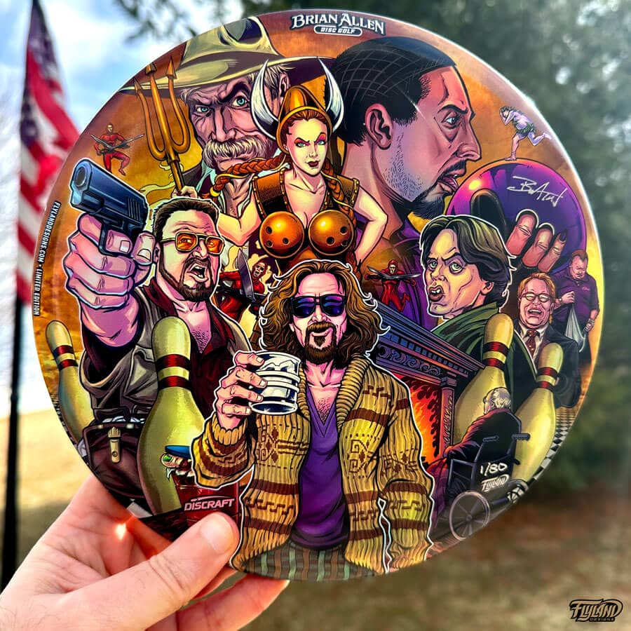 Disc Golf Disc tribute drawing of the Big Lebowski featuring Walter, Donny, The Dude, Maude, Jesus, and more characters from the movie.