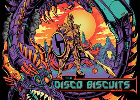 Cyborg Dragon fighting a knight on a distant planet for the Disco Biscuits