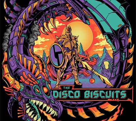 Cyborg Dragon fighting a knight on a distant planet for the Disco Biscuits