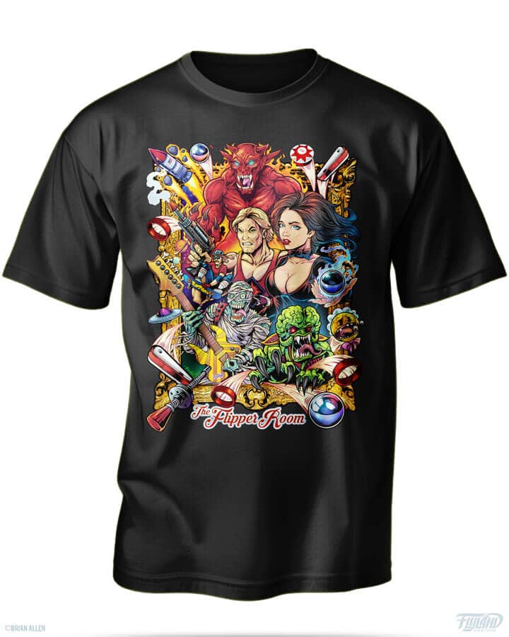 Pinball t-shirt design of characters from different games including monster bash, attack from mars, theatre of magic, and more for The Flipper Room, drawn by artist Brian Allen