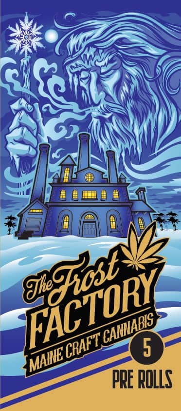 The Frost Factory box design featuring a frost man and a snowy factory, drawn by artist Brian Allen