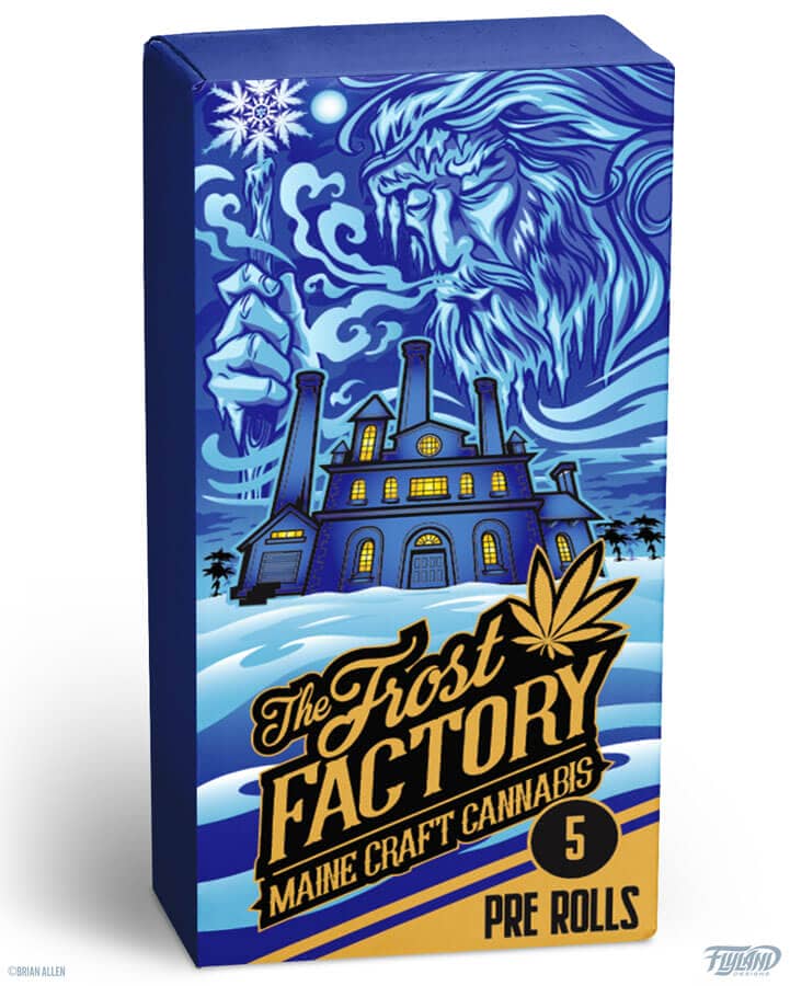 The Frost Factory box design featuring a frost man and a snowy factory, drawn by artist Brian Allen