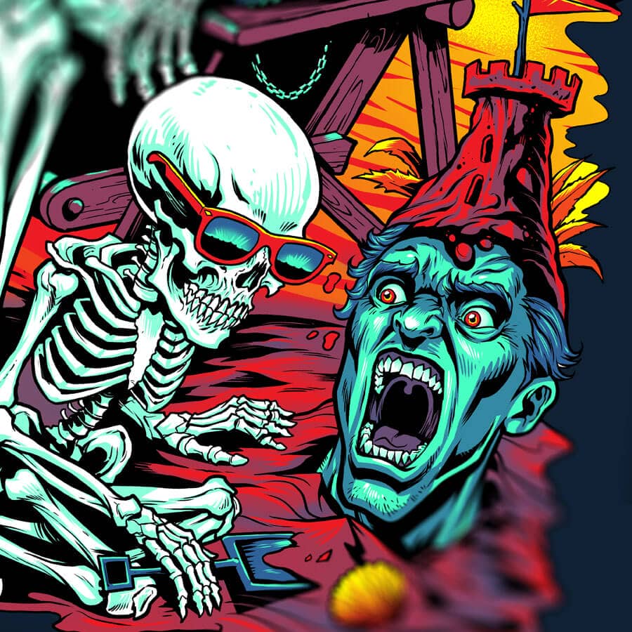 Silk screen poster of a family of skeletons enjoying a day at the beach in the New Mexico desert drawn for the band The Offspring for their 2025 tour