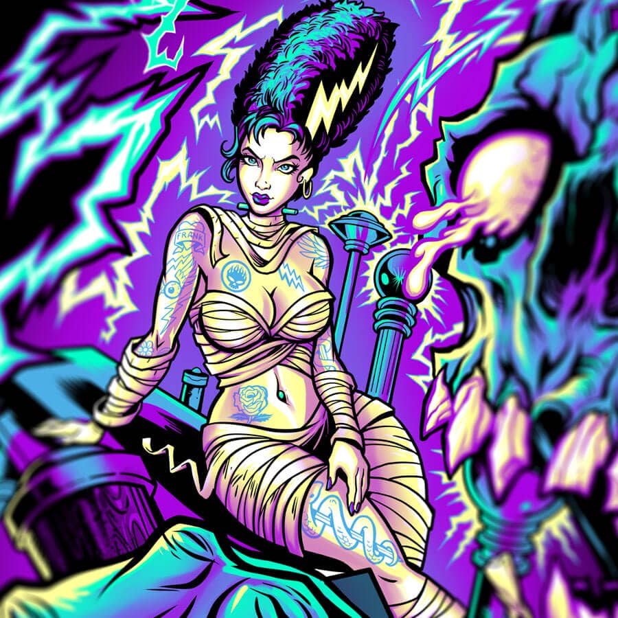 Gig Poster illustration for the band The Offspring showing a zombie pulling the electric switch on a punk Bride of Frankenstein for The Woodlands TX 2025 concert