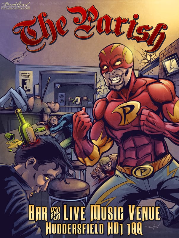 Superhero comic book illustration of a bar fight