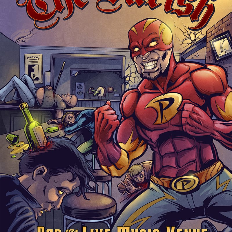 Superhero comic book illustration of a bar fight