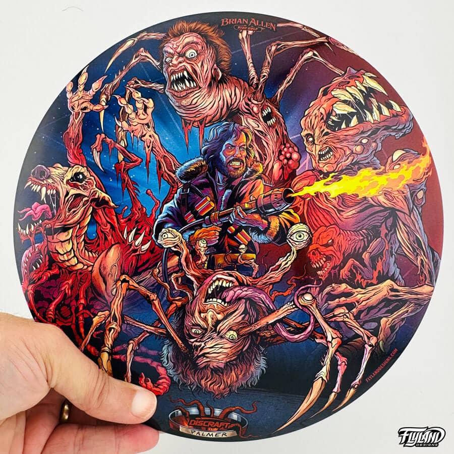 Disc Golf disc illustraiton of the different monsters from John Carpenter's The Thing horror movie