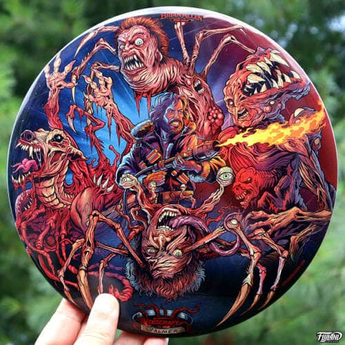 Disc Golf disc illustraiton of the different monsters from John Carpenter's The Thing horror movie