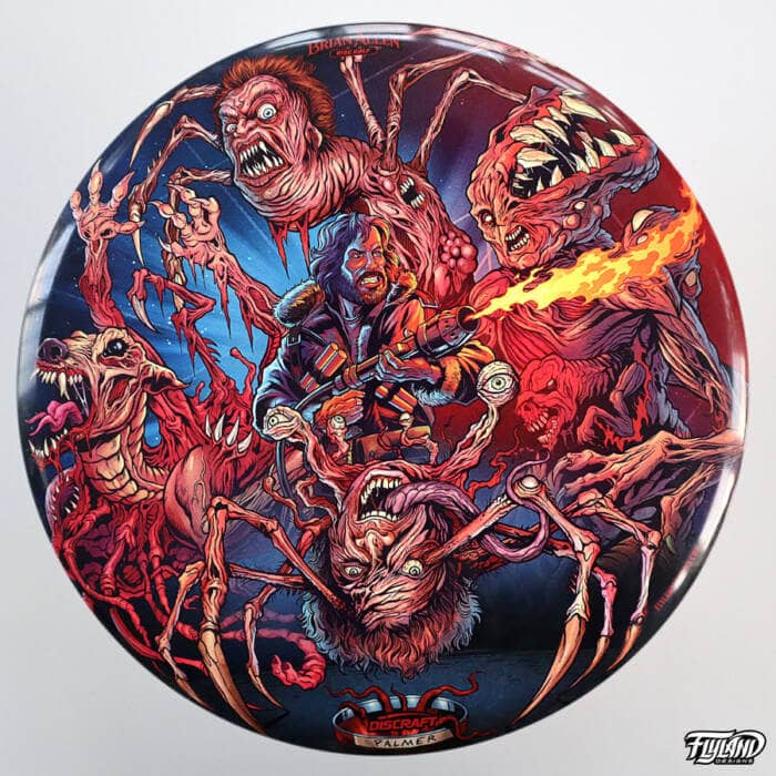Disc Golf disc illustraiton of the different monsters from John Carpenter's The Thing horror movie