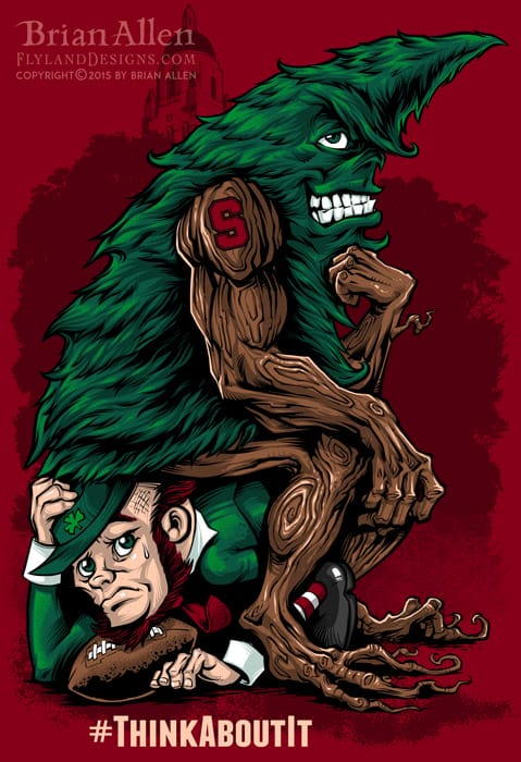 Stanford Tree Mascot illustrated in Heisman pose for t-shirt.