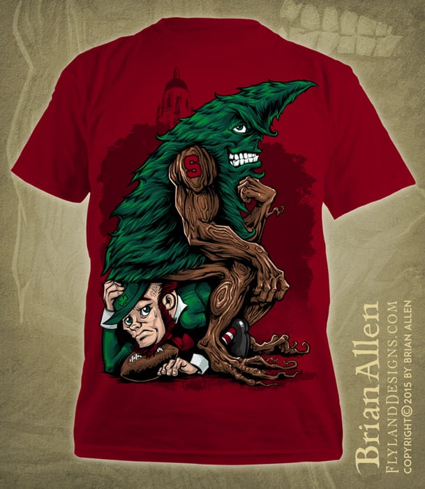 Stanford Tree Mascot illustrated in Heisman pose for t-shirt.