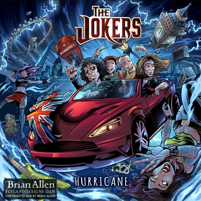 Album cover illustration of The Jokers in a hurricane and rock and roll.