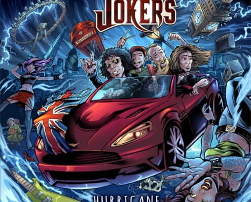 This is a fun album cover illustration I created for a hard rock band called the Jokers for their new album, Hurricane.  The idea was to have the band in a classic-looking car flying through the air to their next gig, and causing a hurricane behind them, d