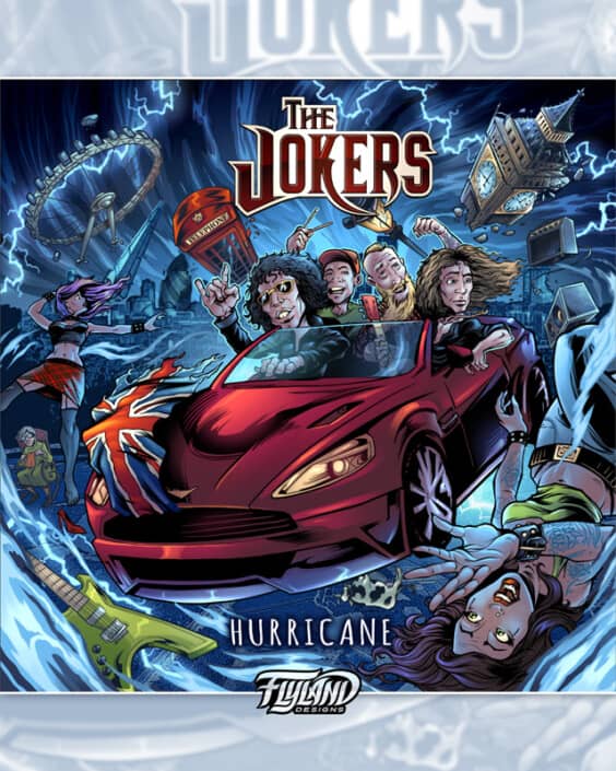 This is a fun album cover illustration I created for a hard rock band called the Jokers for their new album, Hurricane.  The idea was to have the band in a classic-looking car flying through the air to their next gig, and causing a hurricane behind them, d