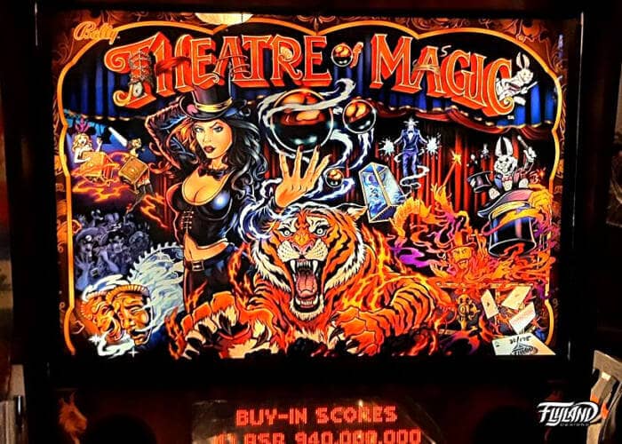 Theater of Magic Translite illustrated by Brian Allen. This Traslite is an illustration of a magic show with a female magician.