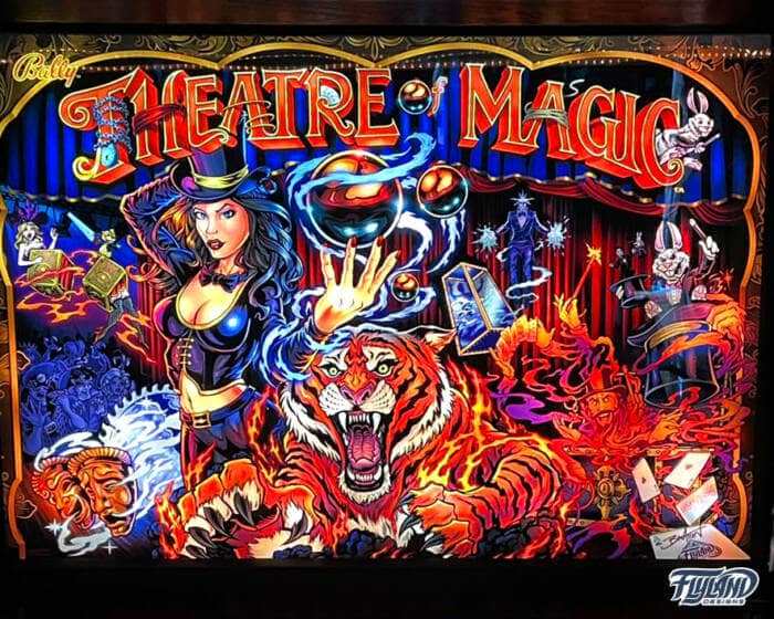 Theater of Magic Translite illustrated by Brian Allen. This Traslite is an illustration of a magic show with a female magician.