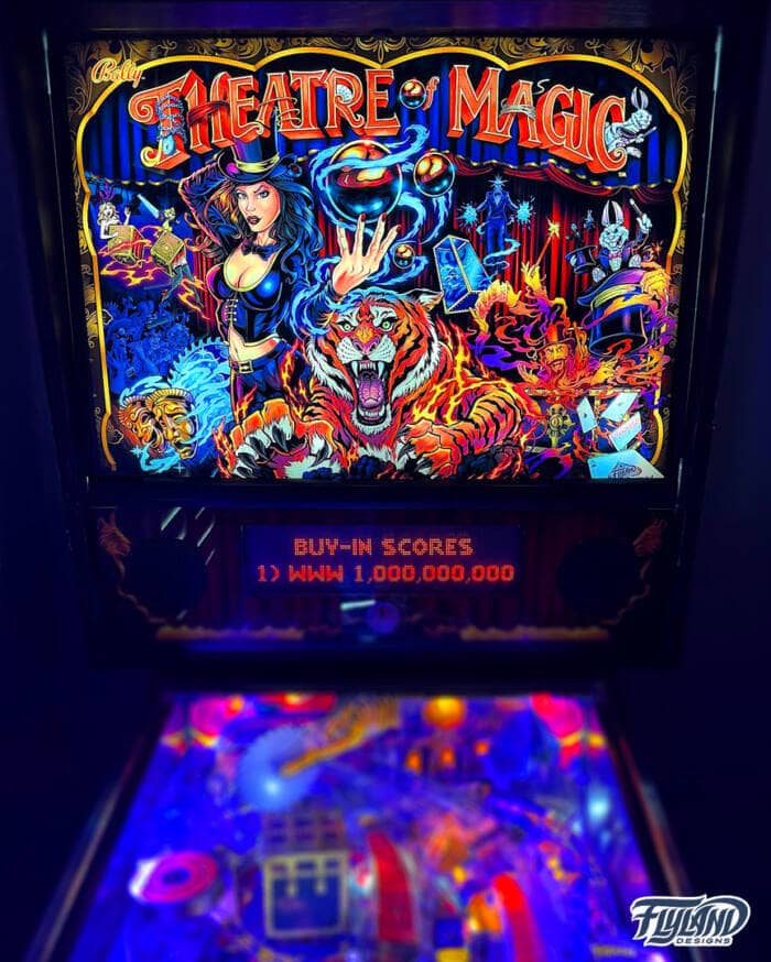 Theater of Magic Translite illustrated by Brian Allen. This Traslite is an illustration of a magic show with a female magician.