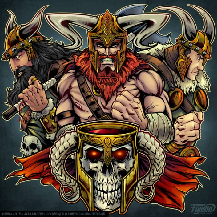 Three Vikings stand in front of a skull shaped goblet of red liquid. The text reads "Blodsbrodrene ringeriksrussen 2019". Illustration by Brian Allen